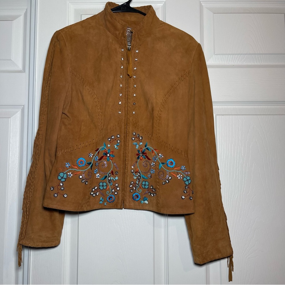 Double D Ranch Tan Suede Jacket with Turquoise & Blue Embroidery